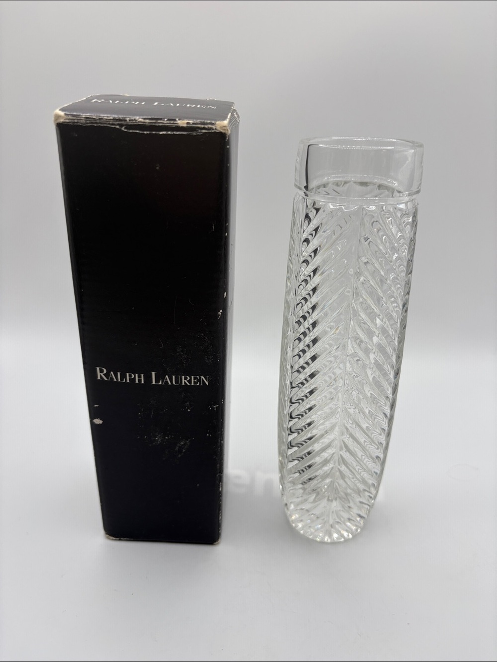Vintage Ralph Lauren Herringbone Crystal Bud Vase Signed 7.5" In Original Box